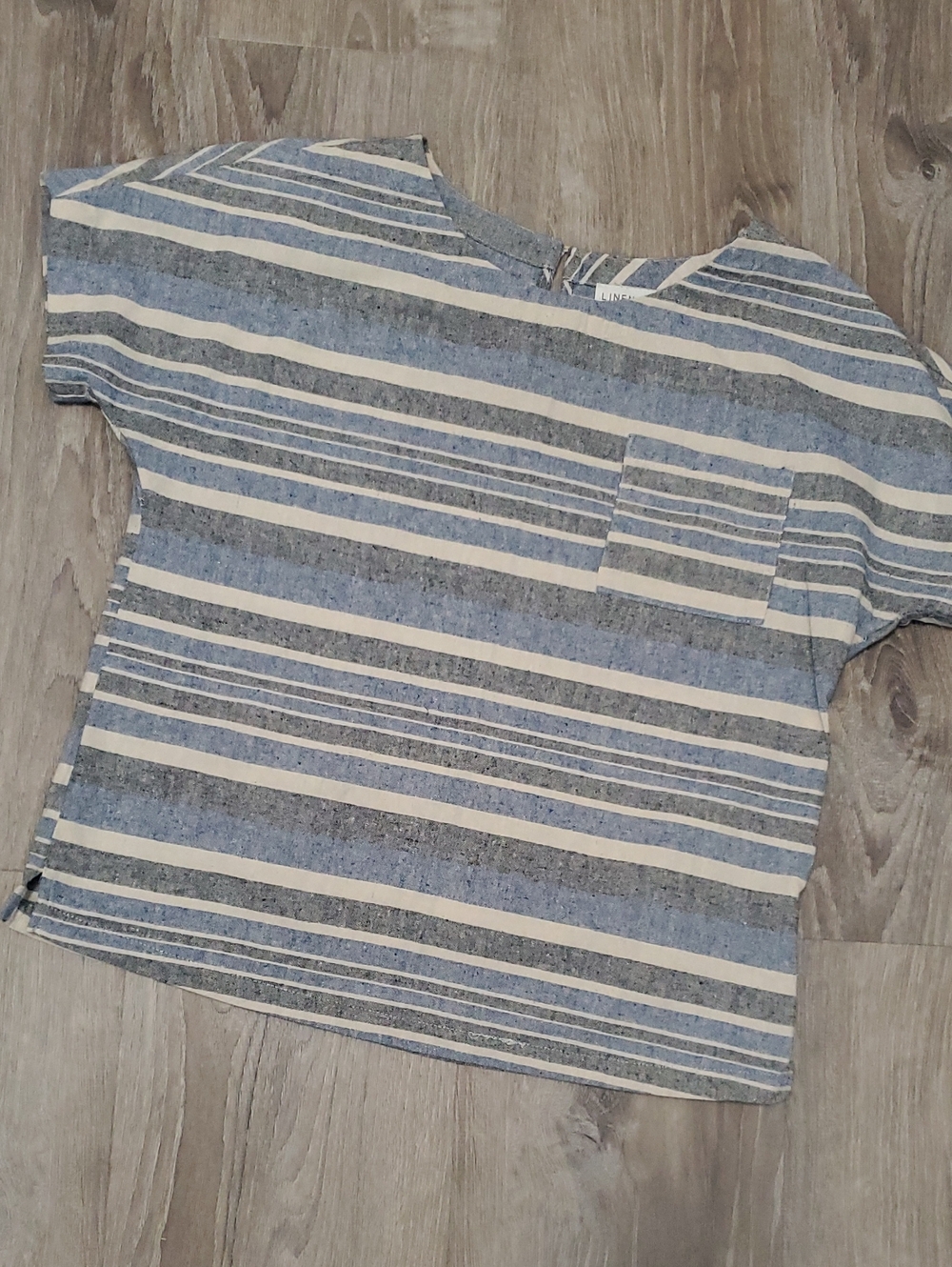Linen Lux Blue Cream Grey Striped Linen Top Size Medium